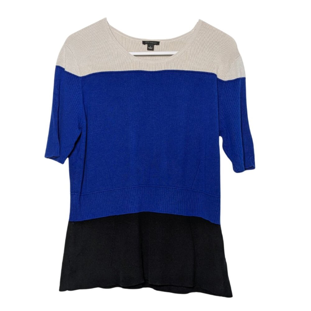 Ann Taylor Women's Color Block Sweater, Cream Blue Black, Large, Short Sleeve